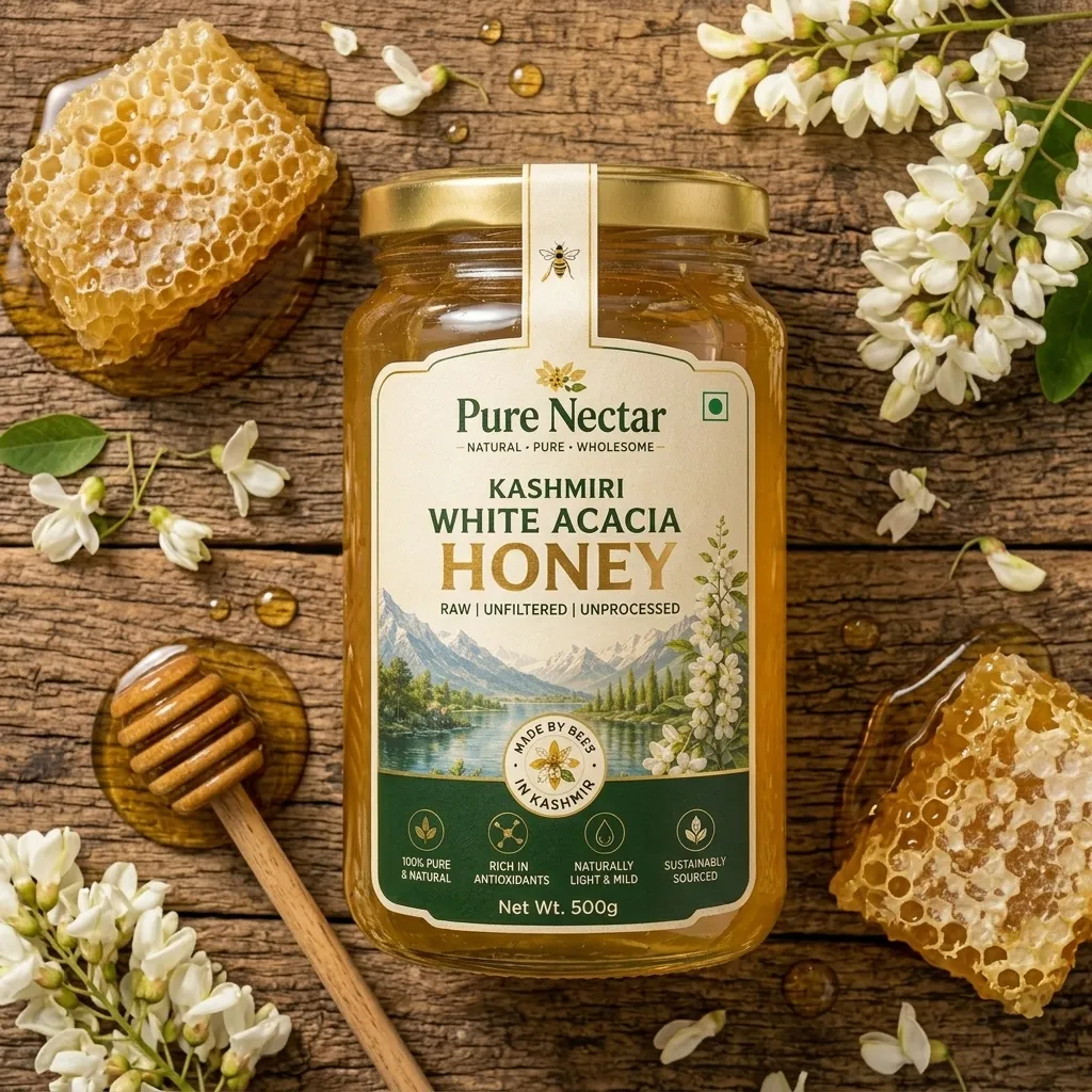 Kashmiri White Acacia Honey Flat Lay