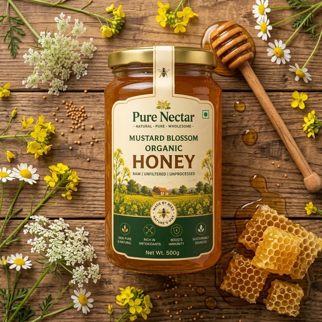 Mustard Blossom Organic Honey Flat Lay