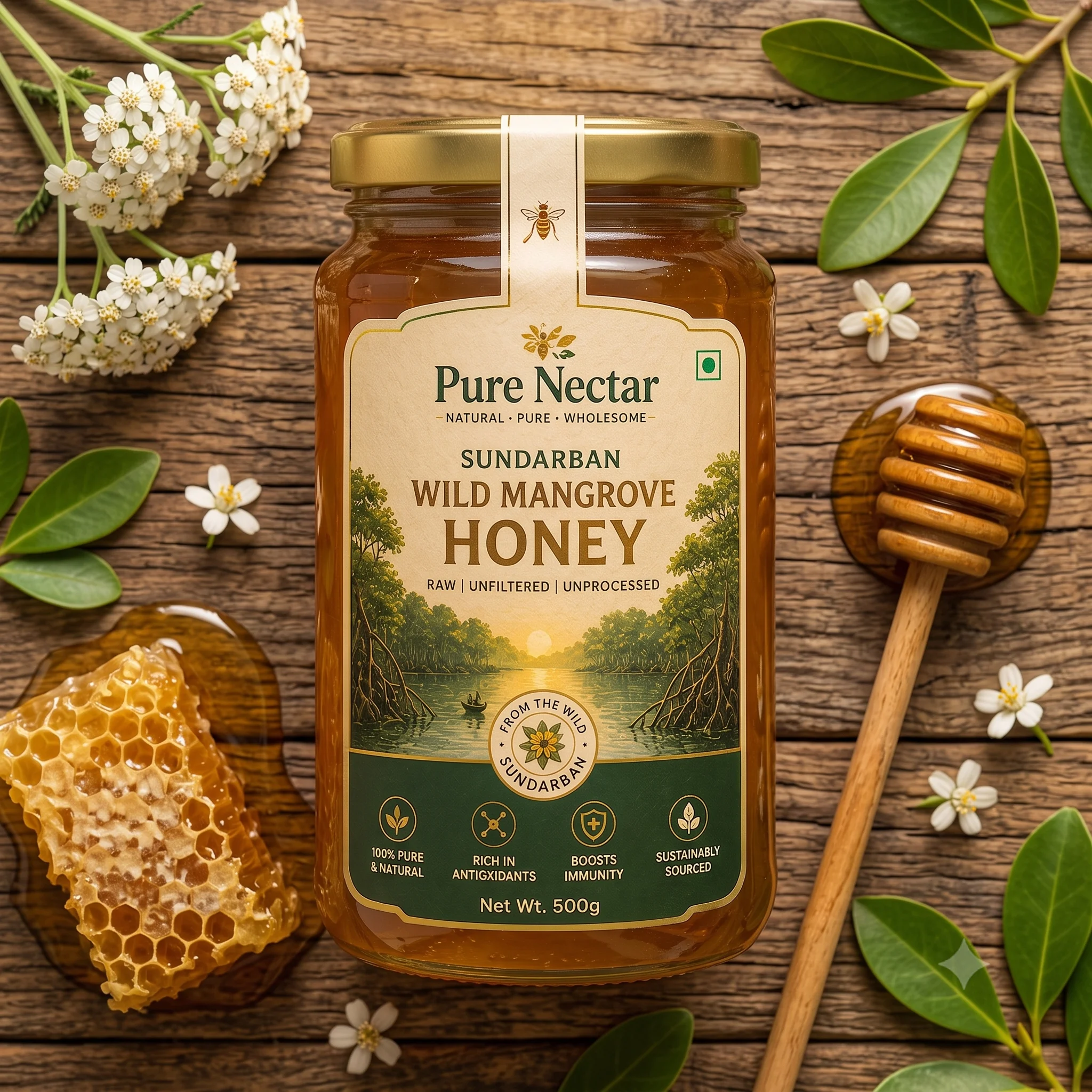 Sundarban Wild Mangrove Honey Flat Lay